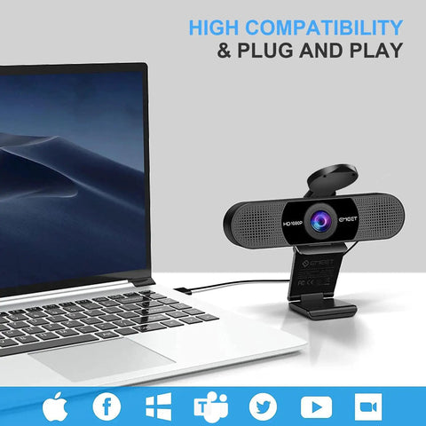 Top Rated Full Hd Webcam Equipped With Dual Noise Canceling Mics And Sliding Privacy Cover on a laptop for streaming and calls.