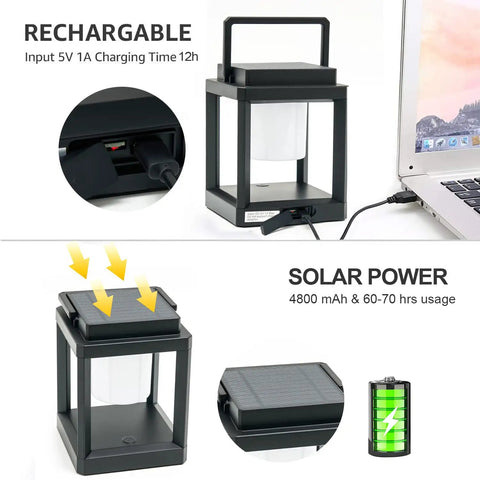 Outdoor Solar Lanterns Waterproof Hanging Lamps Portable Rechargeable LED Nightstand Table Lamp For Garden Patio Yard Lawn And Tabletop, Warm White Eye Caring Light With 3 Way Dimming And Cordless Convenience, shown with USB charging