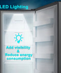 LED lighting inside Built Different 18 Cu Ft Upright Freezer And Convertible Fridge With Tempered Glass Shelves.