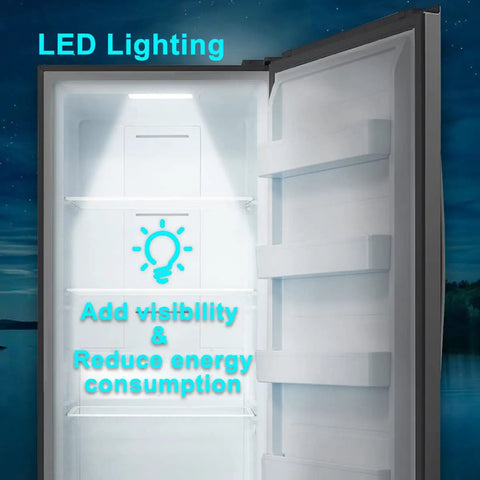 LED lighting inside Built Different 18 Cu Ft Upright Freezer And Convertible Fridge With Tempered Glass Shelves.
