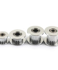 20 Teeth 5mm Bore 10mm Wide GT2 Aluminum Idler Pulley Timing Belt Wheel For 3D Printers And CNC Machines, Low Noise, High Precision, Rust Resistant, Durable Aluminum Alloy Accessory Pack Of 10, shown with four pulleys