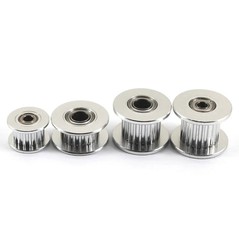 20 Teeth 5mm Bore 10mm Wide GT2 Aluminum Idler Pulley Timing Belt Wheel For 3D Printers And CNC Machines, Low Noise, High Precision, Rust Resistant, Durable Aluminum Alloy Accessory Pack Of 10, shown with four pulleys
