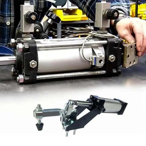 Heavy Duty Pneumatic Hold Down Fixture Built Like A Brick House For Reliable CNC Workholding That Delivers A Rock Solid 750 Pound Grip Each Machine Shift, showcasing a close-up of the clamp and fittings.