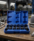 Premium Heavy Duty 12 Point Deep Groove Socket Wrench Set 6 Piece Black Alloy Steel Tool Kit in blue case on wooden table.