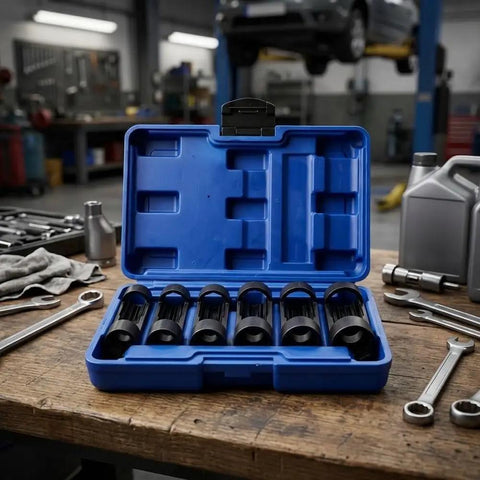Premium Heavy Duty 12 Point Deep Groove Socket Wrench Set 6 Piece Black Alloy Steel Tool Kit in blue case on wooden table.
