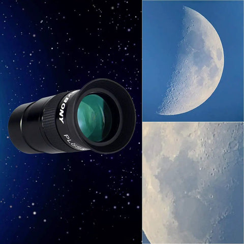 40mm Plossl Eyepiece For Telescopes 1.25 Inch Dope Optics with moon and starry sky in background, showing 40 Degree FOV.
