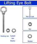 Beefy 1/4 Inch By 4 Inch Heavy Duty Eye Bolts Made From Marine Grade 304 Stainless Steel With Threaded Shoulder, Washers And Nuts, 20 Pack For Cables Ropes Jaws And Hooks image showing eyebolt, nut, and washer components.