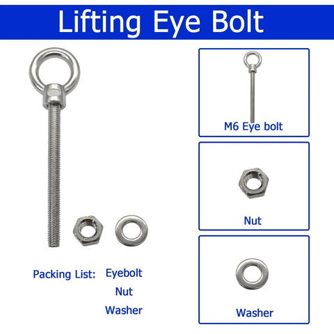 Beefy 1/4 Inch By 4 Inch Heavy Duty Eye Bolts Made From Marine Grade 304 Stainless Steel With Threaded Shoulder, Washers And Nuts, 20 Pack For Cables Ropes Jaws And Hooks image showing eyebolt, nut, and washer components.