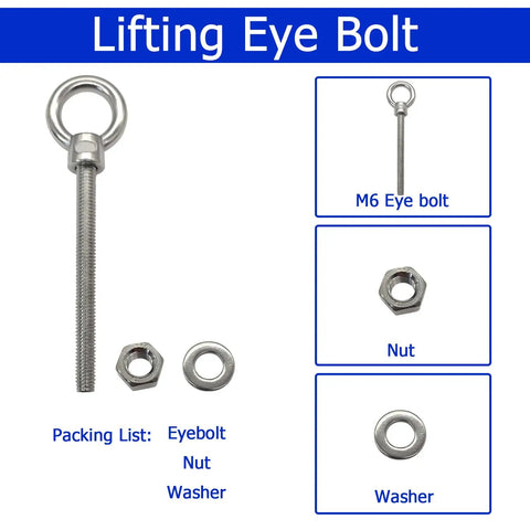 Heavy Duty Marine Grade Eyebolts One Quarter Inch By Four Inch Threaded Shoulder Eyebolts In 304 Stainless Steel With Washers And Nuts