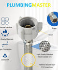 Close-up of Six Pack 12 Inch Braided Stainless Steel Toilet Supply Lines 3/8 Inch Compression To 7/8 Inch Back Nut Anti Leak Brass Nut Universal Standard Fit For Most Toilets Durable Leak Resistant Construction No Tools Required No Brainer Install features.