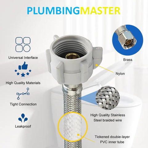 Close-up of Six Pack 12 Inch Braided Stainless Steel Toilet Supply Lines 3/8 Inch Compression To 7/8 Inch Back Nut Anti Leak Brass Nut Universal Standard Fit For Most Toilets Durable Leak Resistant Construction No Tools Required No Brainer Install features.