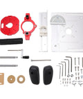 Adjustable Aluminum Router Lift System With Stainless Steel Support Rods assembly parts, including steel rods, clamps, and screws.
