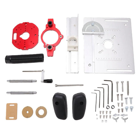 Adjustable Aluminum Router Lift System With Stainless Steel Support Rods assembly parts, including steel rods, clamps, and screws.