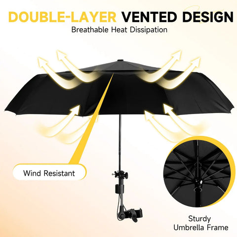 Beat The Heat All Day Chair Umbrella With Universal Clamp Portable Canopy Sunshade 360 Degree Swivel UPF 50 Plus UV Protection, black double-layer vented design