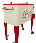 Creamfish 60-Quart Vintage Style Wheeled Cooler With Split Top Lids For Outdoor Patio Porch Insulated With A Powder Coated Finish Perfect For Parties Backyard BBQs And Tailgates, featuring a cream color and Coca-Cola branding on casters