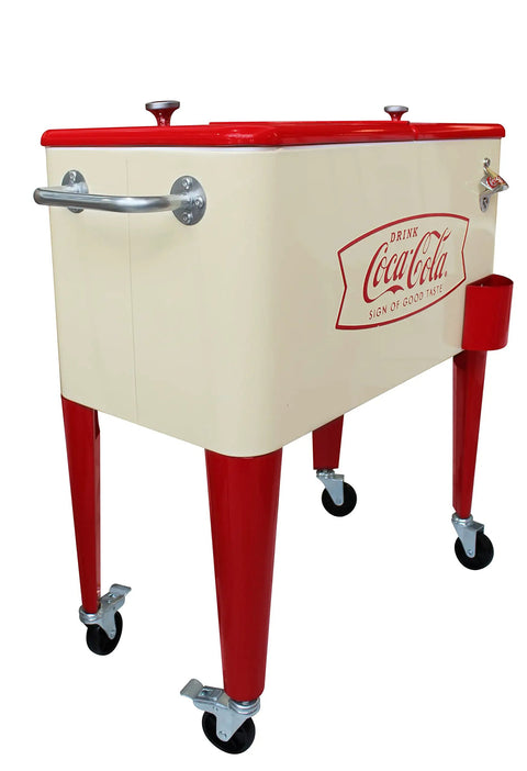 Creamfish 60-Quart Vintage Style Wheeled Cooler With Split Top Lids For Outdoor Patio Porch Insulated With A Powder Coated Finish Perfect For Parties Backyard BBQs And Tailgates, featuring a cream color and Coca-Cola branding on casters