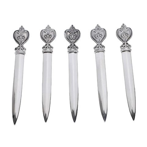Vintage Leaf Floral Pattern Metal Letter Opener Set, 5 Pack For Home Office And School Desk displayed in a row