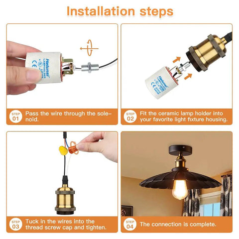 Installation steps for durable E26 and E27 ceramic light socket set with 12 inch wire lead porcelain lampholder.