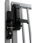 Heavy Duty Marine Grade Double Combination Lever Gate Lock In Jet Black Rust Resistant Finish mounted on a fence.