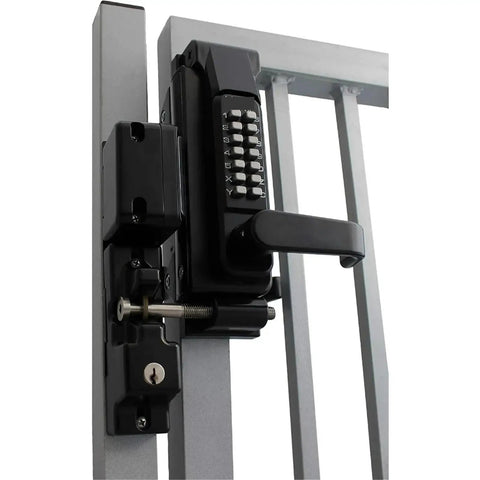 Heavy Duty Marine Grade Double Combination Lever Gate Lock In Jet Black Rust Resistant Finish mounted on a fence.