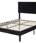 Queen Upholstered Platform Bed Frame With Adjustable Headboard Built Heavy Duty Featuring Dead Silent Wooden Slats For Rock Solid Support Plus Luxe Black Velvet Upholstery, side view with wooden slats.