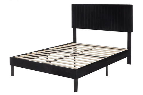 Queen Upholstered Platform Bed Frame With Adjustable Headboard Built Heavy Duty Featuring Dead Silent Wooden Slats For Rock Solid Support Plus Luxe Black Velvet Upholstery, side view with wooden slats.