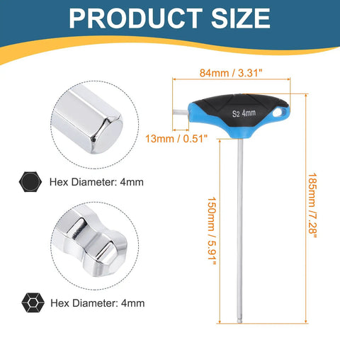 Two Piece T Handle Ball End Hex Key Wrench Set 4mm Metric S2 Steel with product size dimensions shown