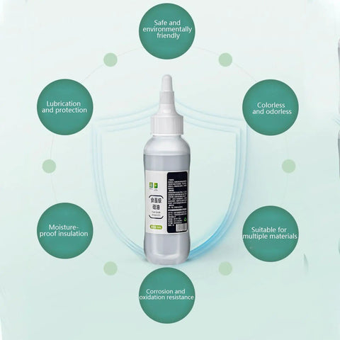 Pro Grade High Temp Silicone Oil Lubricant For Food Processing Equipment And Conveyors Waterproof And Rust Resistant Keeps Chains Bearings And Gears Moving Smooth In Wet Environments, bottle with protective features highlighted