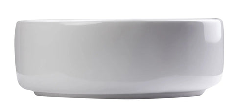 Side view of 16-Inch Round Ceramic Above Mount Bathroom Basin Sleek Modern Sink With Chrome Overflow And Rear Center Drain For A Clean Durable Easy-To-Clean Upgrade