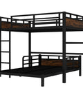 Full-over-full bunk bed in black metal with wood-paneled headboards, ladder, and separable design.