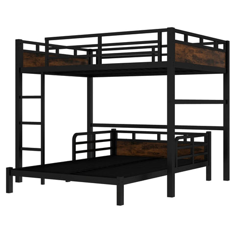 Full-over-full bunk bed in black metal with wood-paneled headboards, ladder, and separable design.