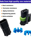 Weather Pack 2 Pin Waterproof Automotive Connector Kit with male and female terminals, highlighting heat and corrosion resistance.