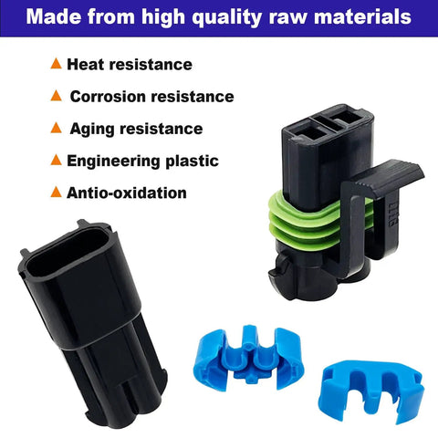 Weather Pack 2 Pin Waterproof Automotive Connector Kit with male and female terminals, highlighting heat and corrosion resistance.