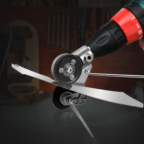 Turn Any Drill Into A Sheet Metal Cutting Beast With This Upgraded Electric Nibbler Attachment cutting metal in workshop