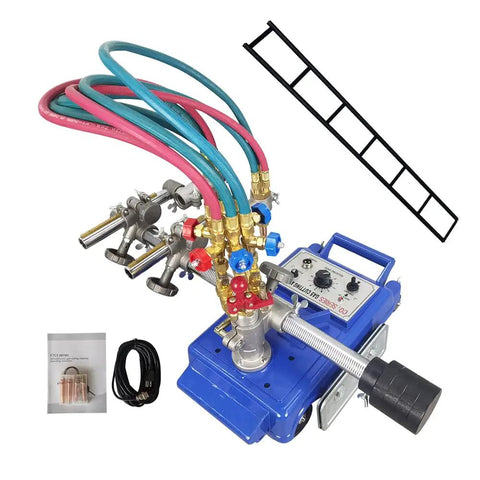 Heavy Duty Semi Automatic Double Torch Gas Cutting Machine Features Buttery Smooth Tracking Rock Solid Alloy Frame For Nail Perfect Bevel Or Straight Cuts Every Time with four hoses and a control panel.
