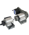 Built Tough Nema23 Stepper Motor With Fourth Axis Rotary Setup For CNC Wood Routers featuring silver aluminum 3 jaw chuck and tailstock.