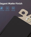 Close-up of Matte Black Single Pole Decorator Light Switch Sleek On Off Paddle Rocker Replacement showcasing matte finish and flame resistance icons