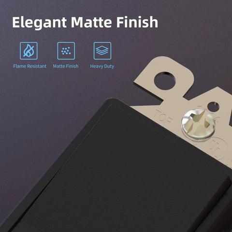 Close-up of Matte Black Single Pole Decorator Light Switch Sleek On Off Paddle Rocker Replacement showcasing matte finish and flame resistance icons