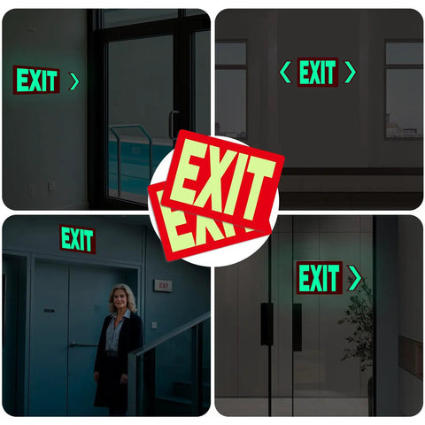 Glow In The Dark Emergency Exit Signs 2 Pack Photoluminescent Vinyl For 50 Feet Visibility No Wiring Needed Flexible Arrows System For Easy Setup Lets You Show Clear Safe Path In Any Hallway Or Stairwell on wall in office and stairwell