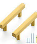 Gold Brushed Brass Square Cabinet Pulls 2-1/2 Inch Center-to-Center, 4 Inch Overall Length, 10 Pack with screws and screwdriver