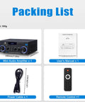 AK50 Amplifier For Home Audio With Bluetooth 5.0 Big Room Filling Sound And Crisp Bass 500W Max Power 60W X 2 RMS packing list