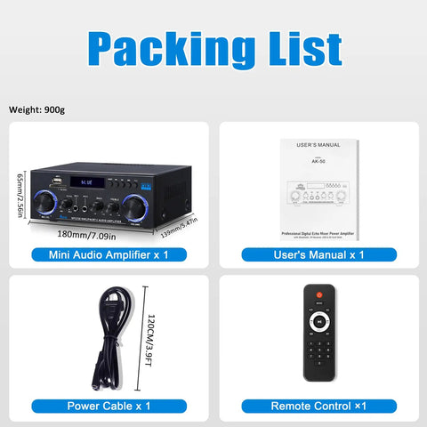 AK50 Amplifier For Home Audio With Bluetooth 5.0 Big Room Filling Sound And Crisp Bass 500W Max Power 60W X 2 RMS packing list