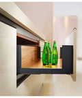 Open kitchen drawer with bottles on Three Section Full Extension Drawer Slides With Bottom Mount Hidden Damping Detachable Quick Release Latches 600mm
