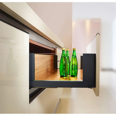 Open kitchen drawer with bottles on Three Section Full Extension Drawer Slides With Bottom Mount Hidden Damping Detachable Quick Release Latches 600mm