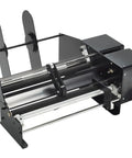 Heavy Duty Automatic Label Applicator With Plug And Play Tool Free Swaps For Rock Solid Dual Sticker Alignment At Slick Speeds Up To 1200 Per Hour Zero Wrench Adjustments Fast Track Production Ready Black close-up view showcasing dual roller setup