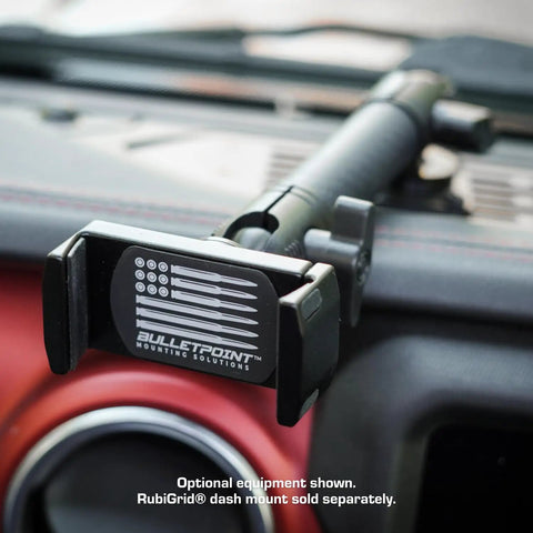 Heavy Duty Dash Mount Cell Phone Holder With Solid Carbon Fiber And Kevlar Arm For Any Smartphone iPhone Android Cradles mounted on dashboard.