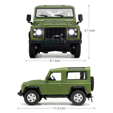 Front and side view of Land Rover Defender RC Car One Fourteenth Scale Remote Control Toy Model With Manual Door Open Green Off Road