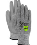 Top Shelf ANSI A4 Cut Resistant Work Gloves With Smooth Polyurethane Grip And Durable DuraBlend Shell Built Tough For Grease Monkey Tasks Providing Rock Solid Level 5 Abrasion And Level 4 Puncture Protection In Large Fits Bulk Pack Of 24 Pairs showing gray gloves with DuraBlend shell and ANSI A4 label.