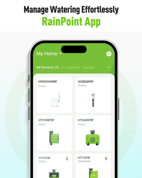 RainPoint app interface for Long Range WiFi Antenna Gateway For Water Timers And Sprinkler Controllers on smartphone screen