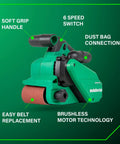 36V Cordless Belt Sander With Brushless Motor Pro Grade 3 Inch By 21 Inch Sanding Belt Kit with labels showing features